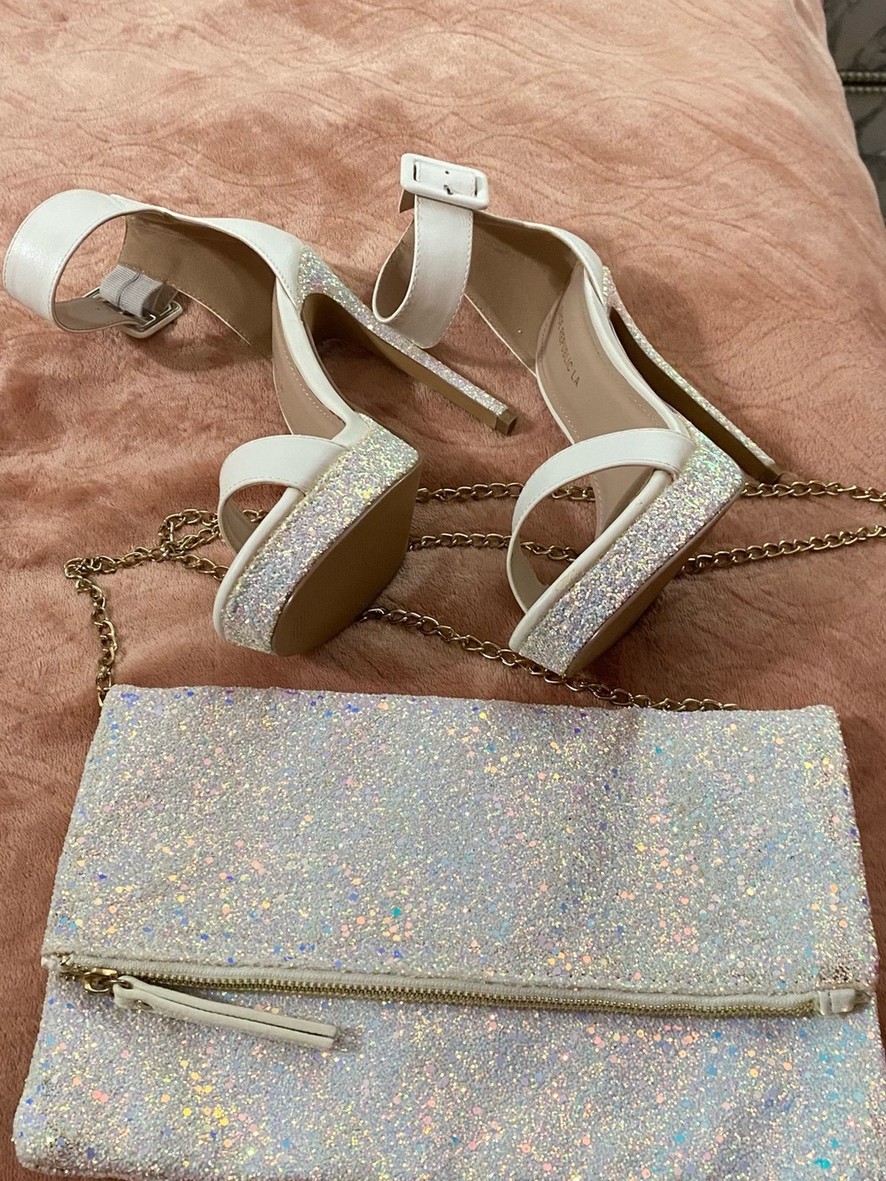 Shoe Republic LA White Iridescent Glitter Platform Heels with Matching Clutch